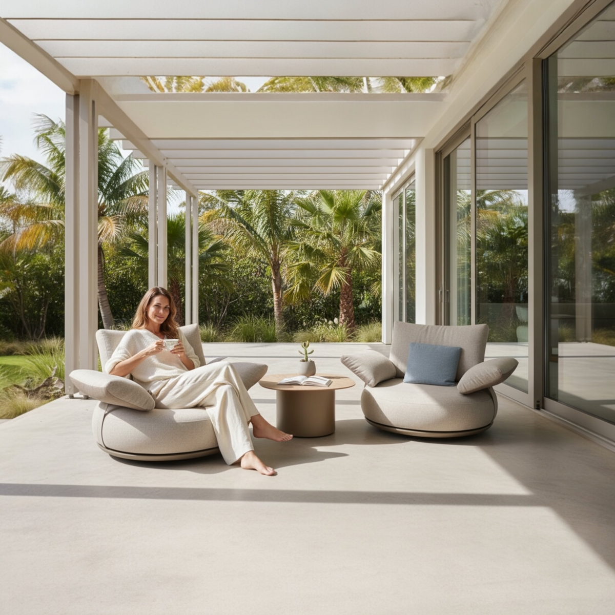 Elyo set of two curved beige aluminum outdoor armchairs – shown outdoors