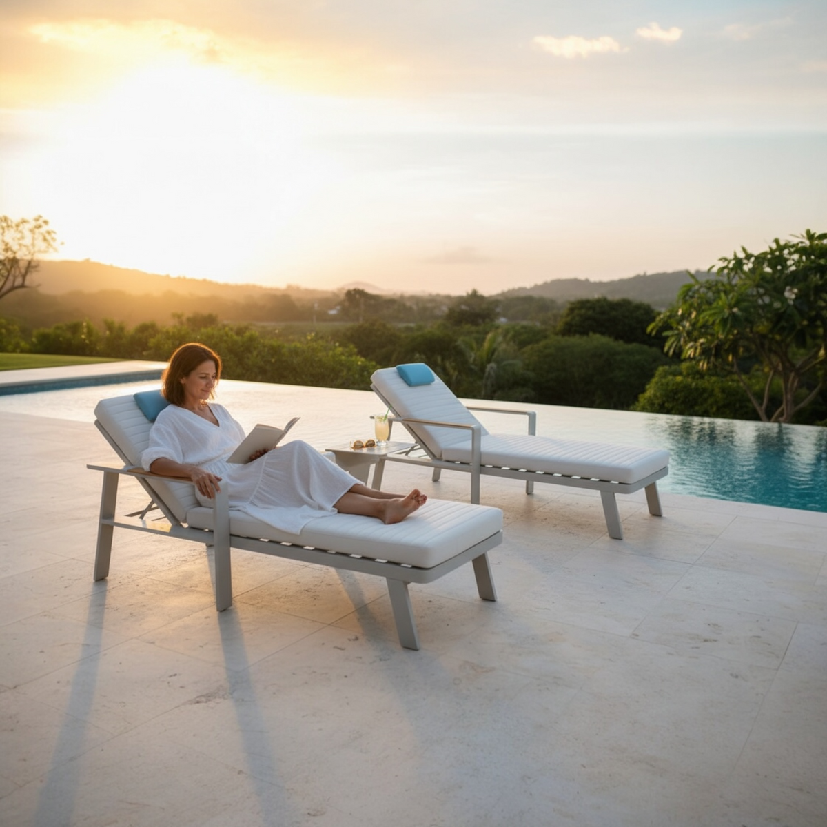 Noffy beige aluminum chaise lounge set of two with side table – shown outdoors (2)