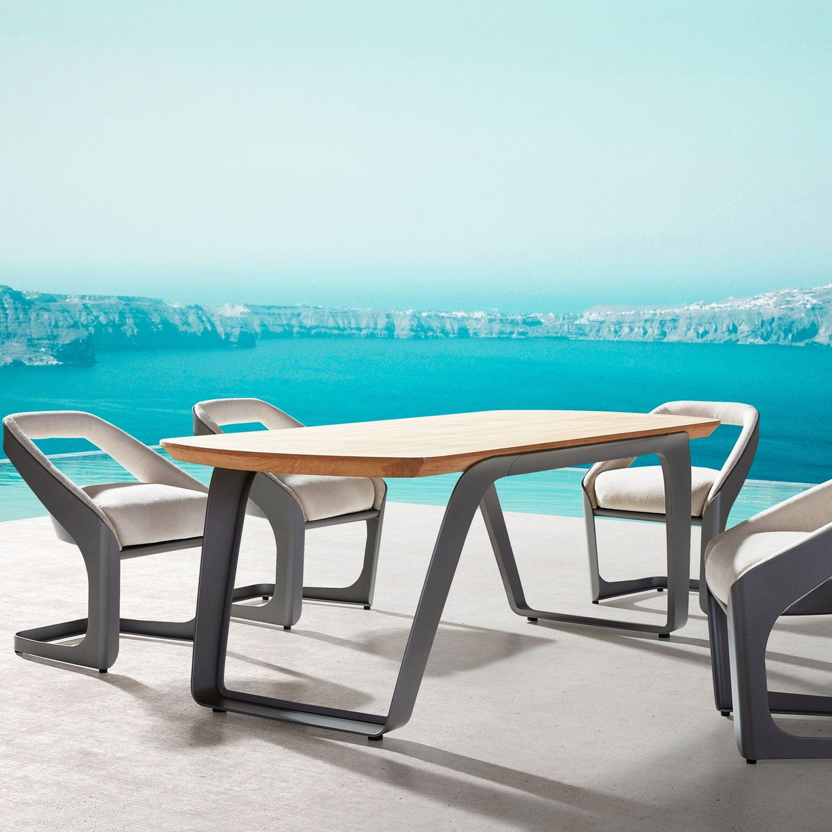 Onda aluminum and teak Sunbrella outdoor dining set – shown outdoors (4)