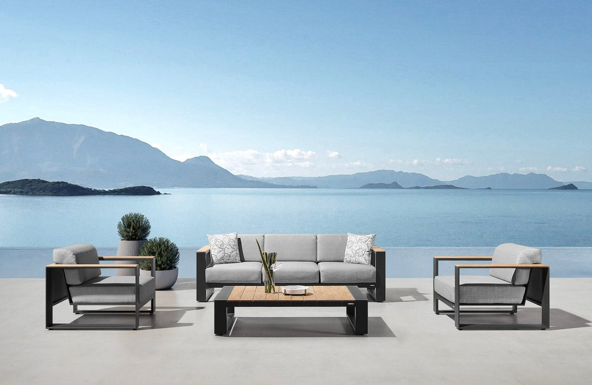 Sofy 3-seat aluminum and teak outdoor sofa – shown outdoors