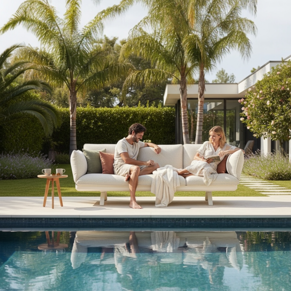 Camille 3-seat aluminum outdoor sofa that converts to a lounger – shown outdoors