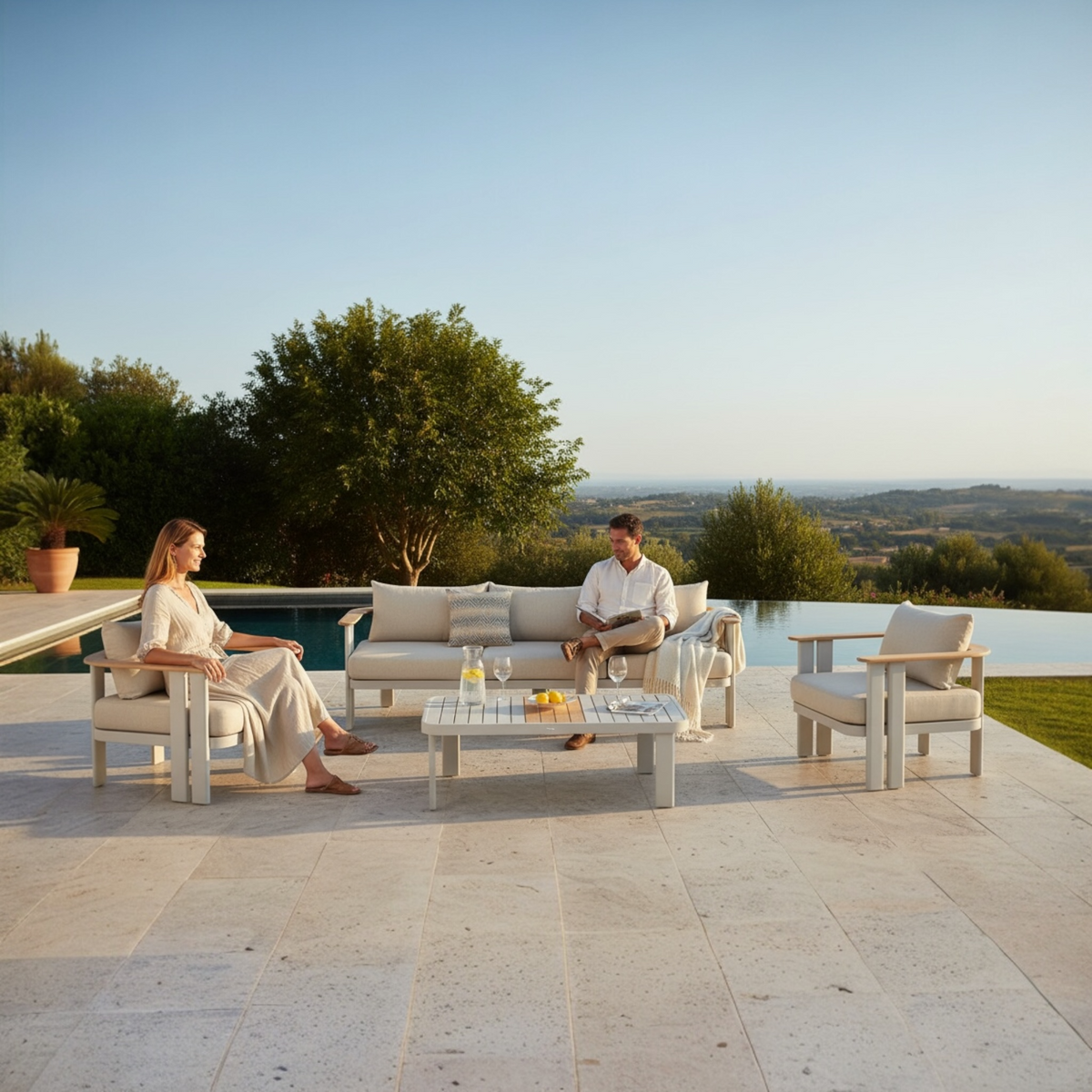 Elon 5-seat aluminum patio set with deep padded cushions – shown outdoors