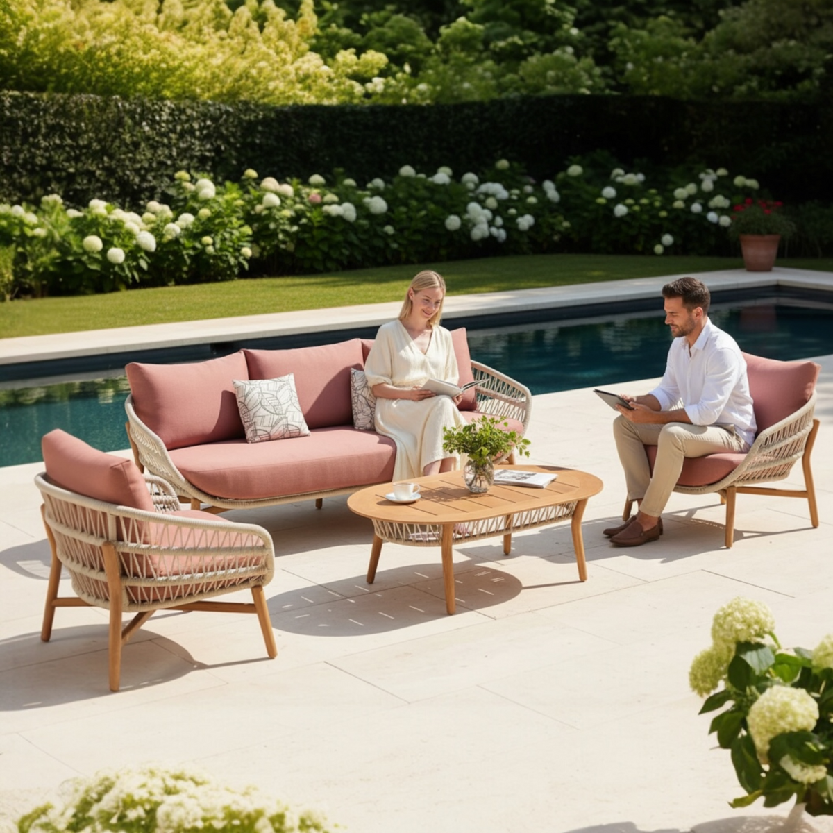 Rose teak and rope patio set with powder pink cushions – shown outdoors (2)