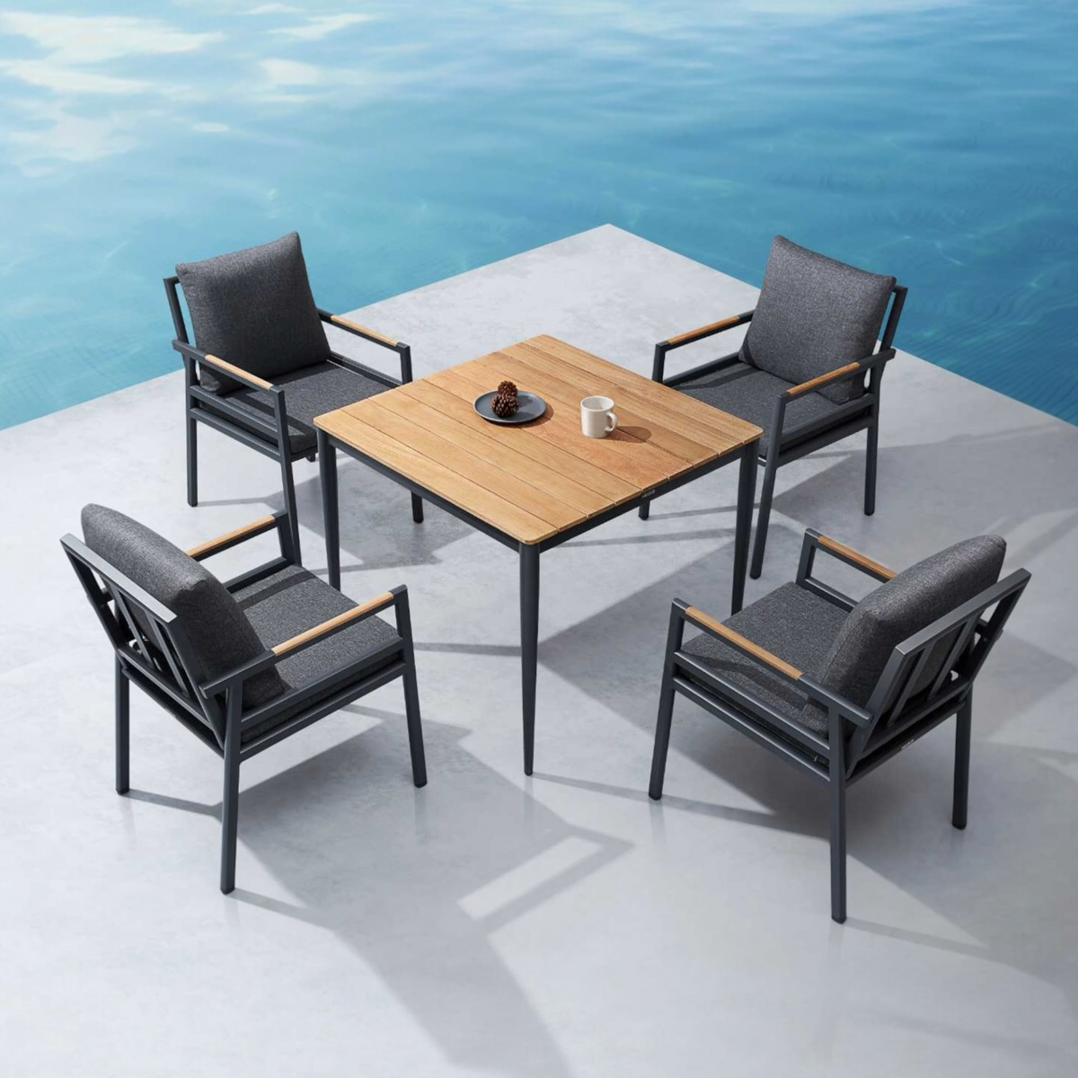 Gloria square aluminum and teak patio dining set for four – shown outdoors (3)