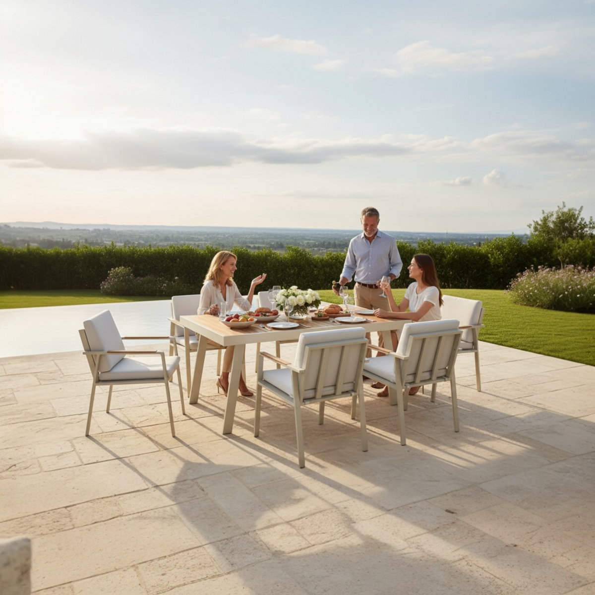 Noffy 6-seat aluminum and teak outdoor dining set – shown outdoors