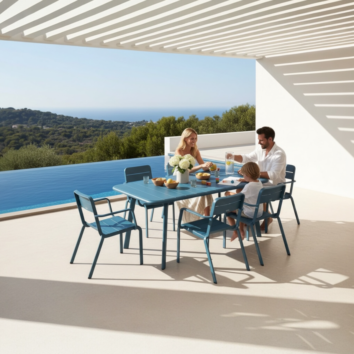 Joy 6-person aluminum outdoor dining set in beige – shown outdoors (3)