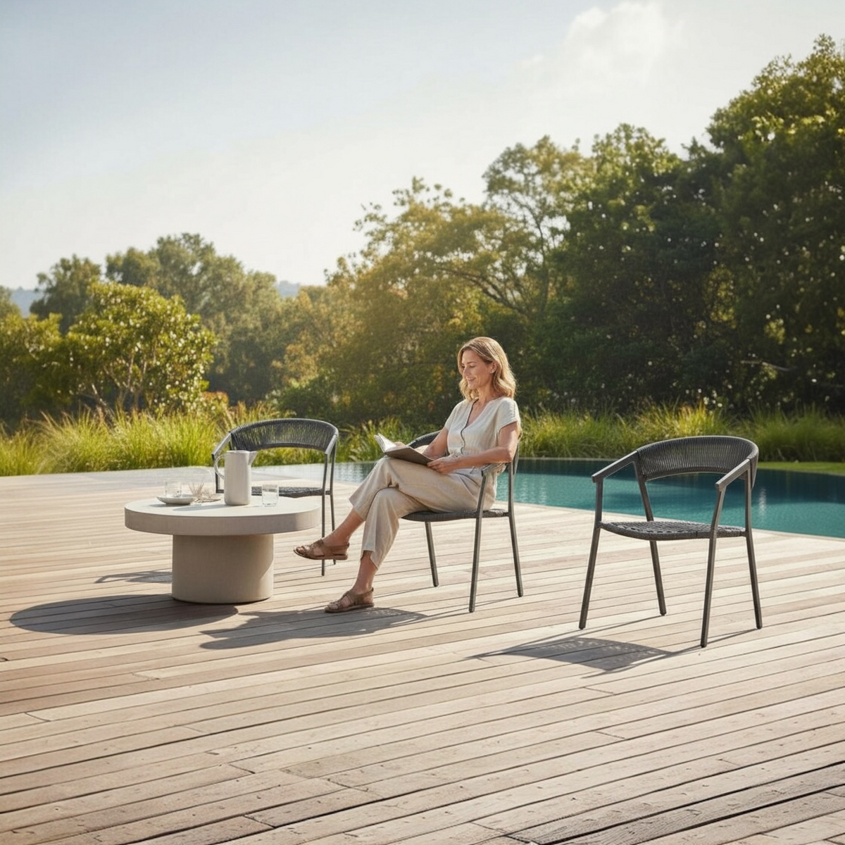 Lara black rope outdoor dining armchairs, set of 2 – shown outdoors