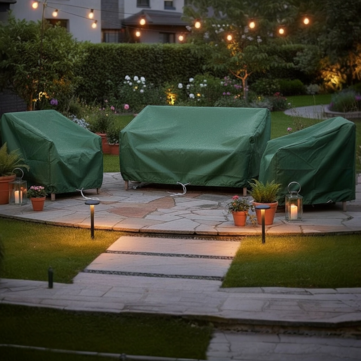 Custom-fit winter cover for lounge sets, sofas and armchairs – shown outdoors (3)