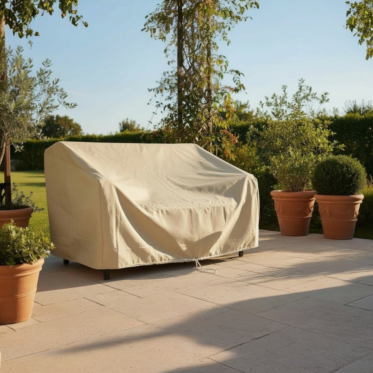 Custom-fit winter cover for lounge sets, sofas and armchairs – shown outdoors (2)