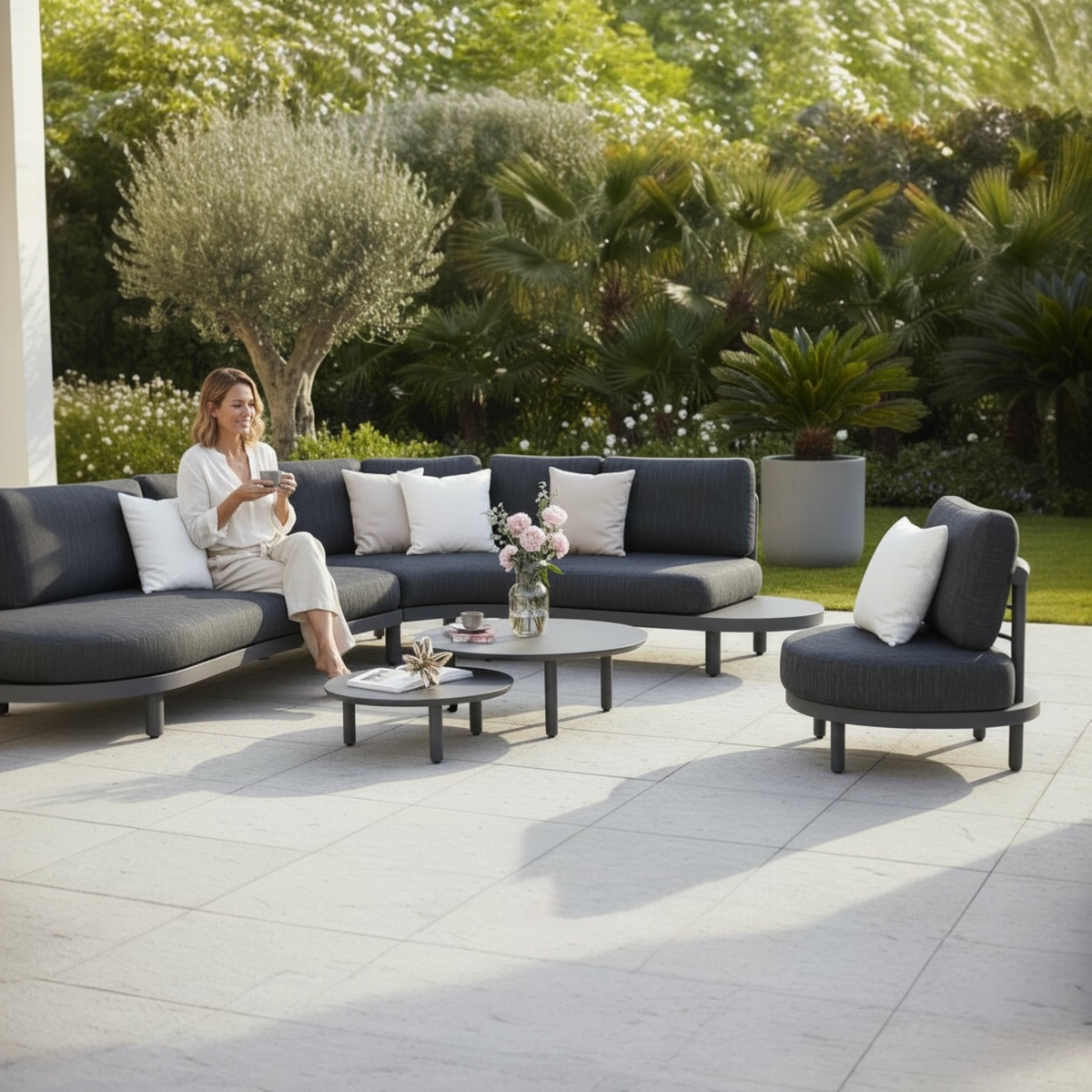 Alba anthracite aluminum corner sofa set with thick gray olefin cushions – shown outdoors