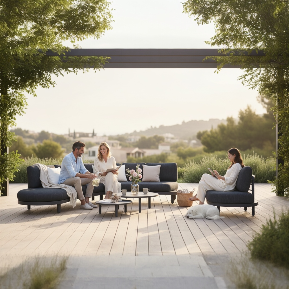 Alba anthracite aluminum corner sofa set with thick gray olefin cushions – shown outdoors (3)