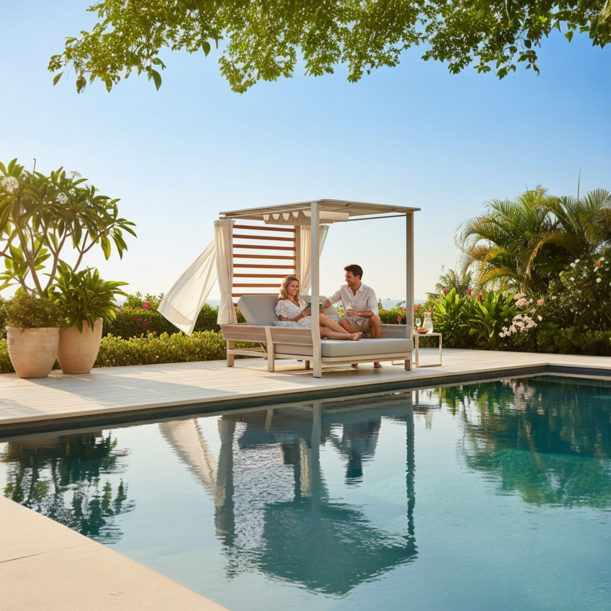 Olby aluminum and rope double pool bed with canopy – shown outdoors