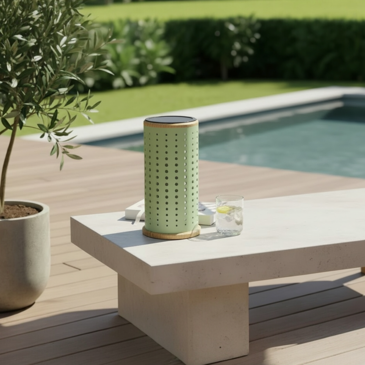 Arlo green aluminum solar lamp – shown outdoors