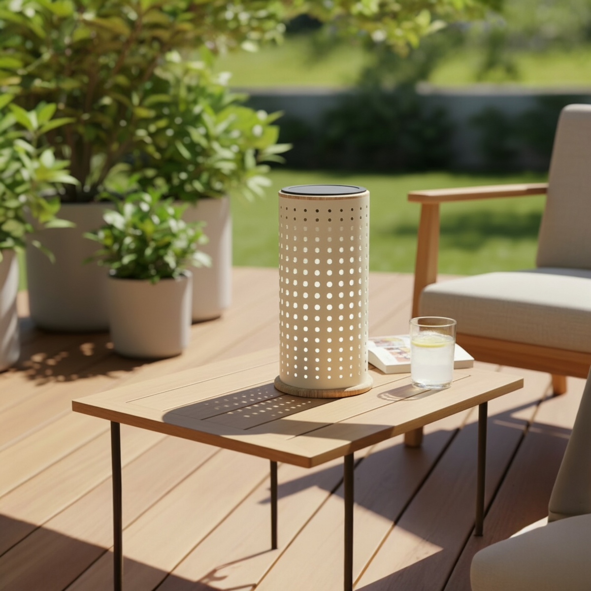 Arlo beige aluminum solar lamp – shown outdoors