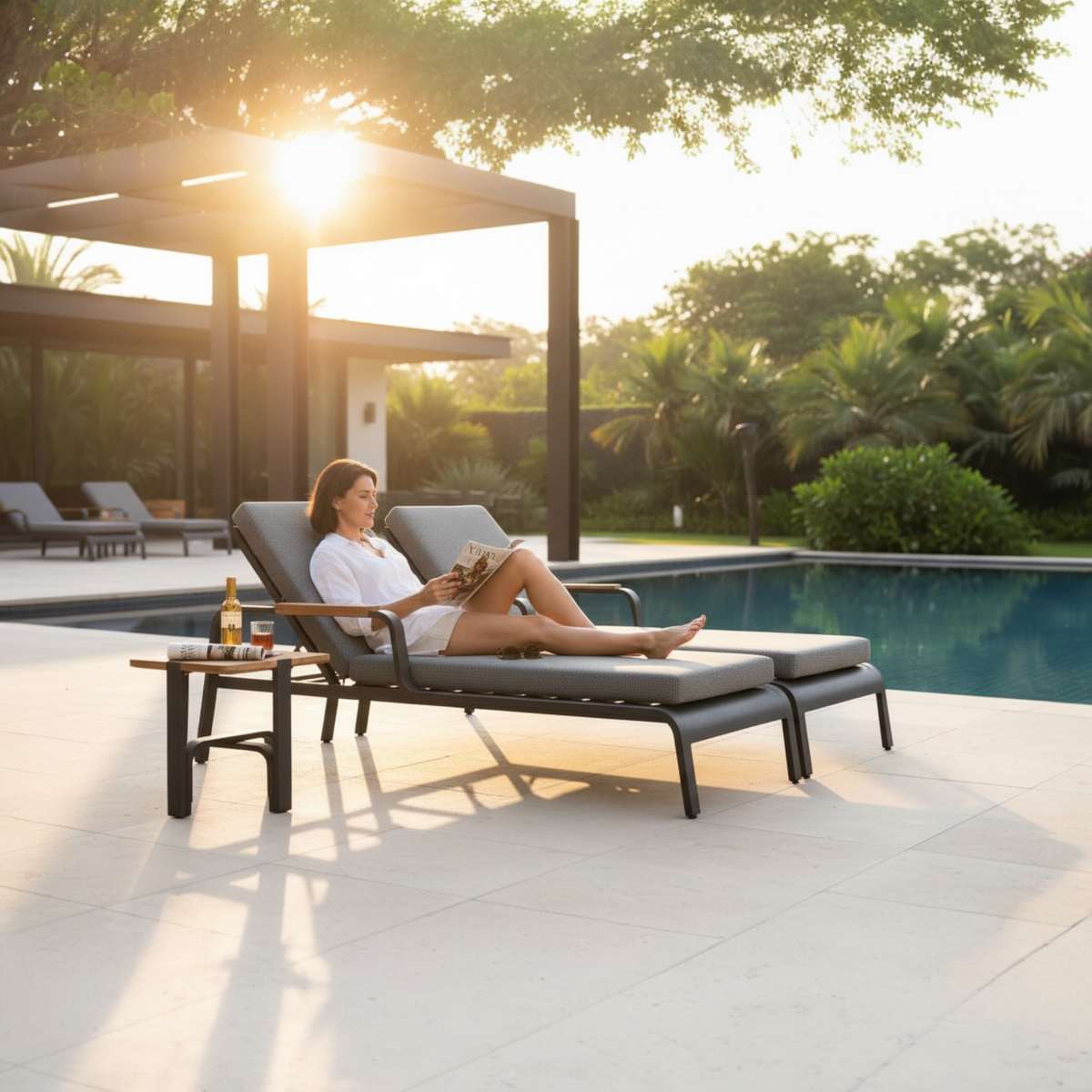 Viscounti gray aluminum and teak chaise lounge with side table – shown outdoors