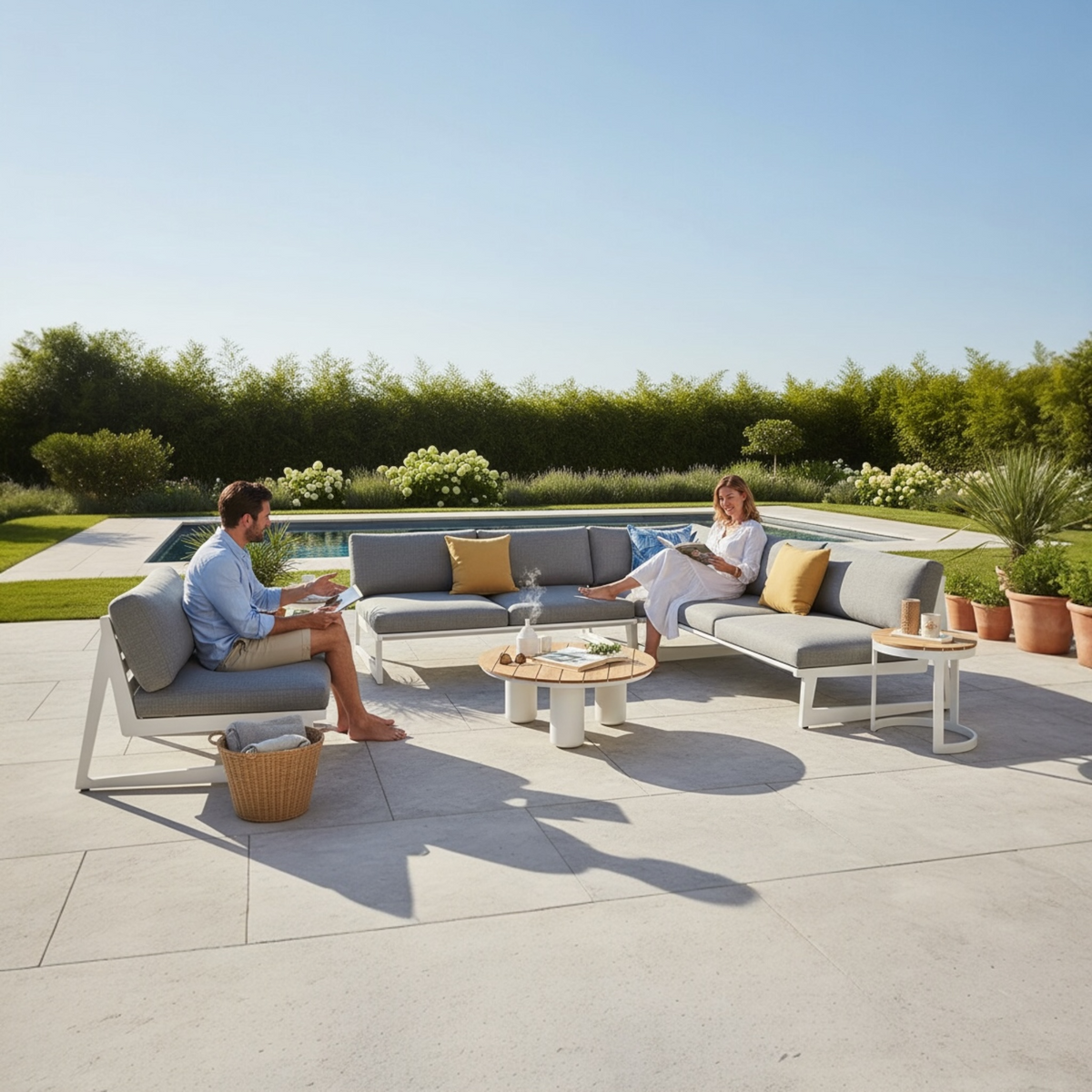 Leo 7-seat white aluminum L-shaped outdoor sectional with gray cushions – shown outdoors