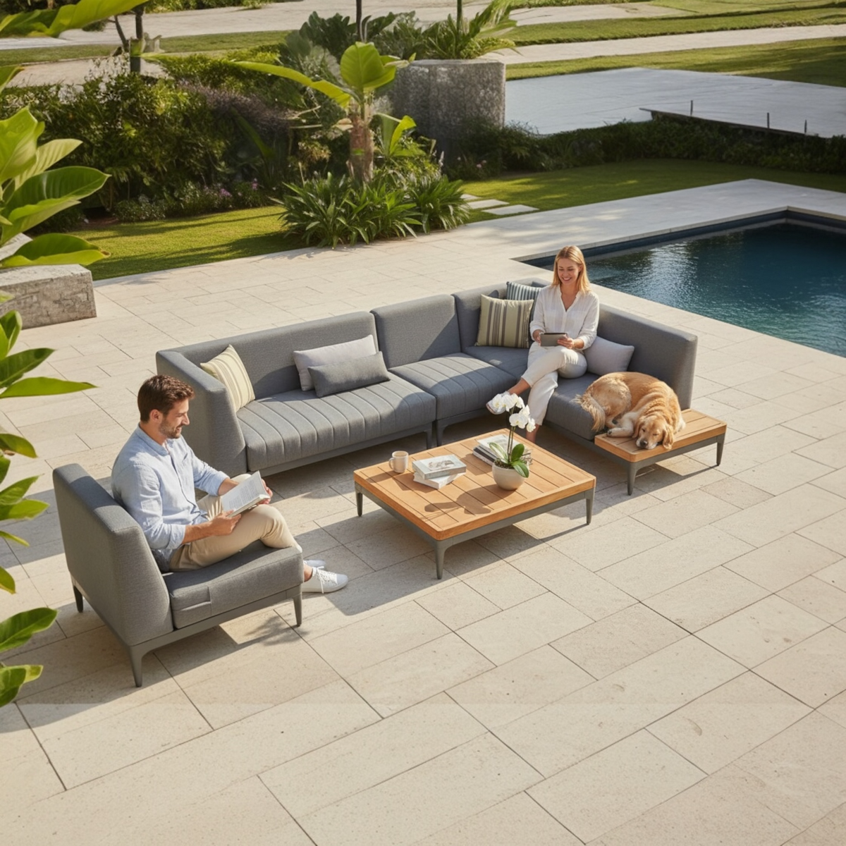 Sira Mini compact anthracite aluminum and teak outdoor sectional – shown outdoors