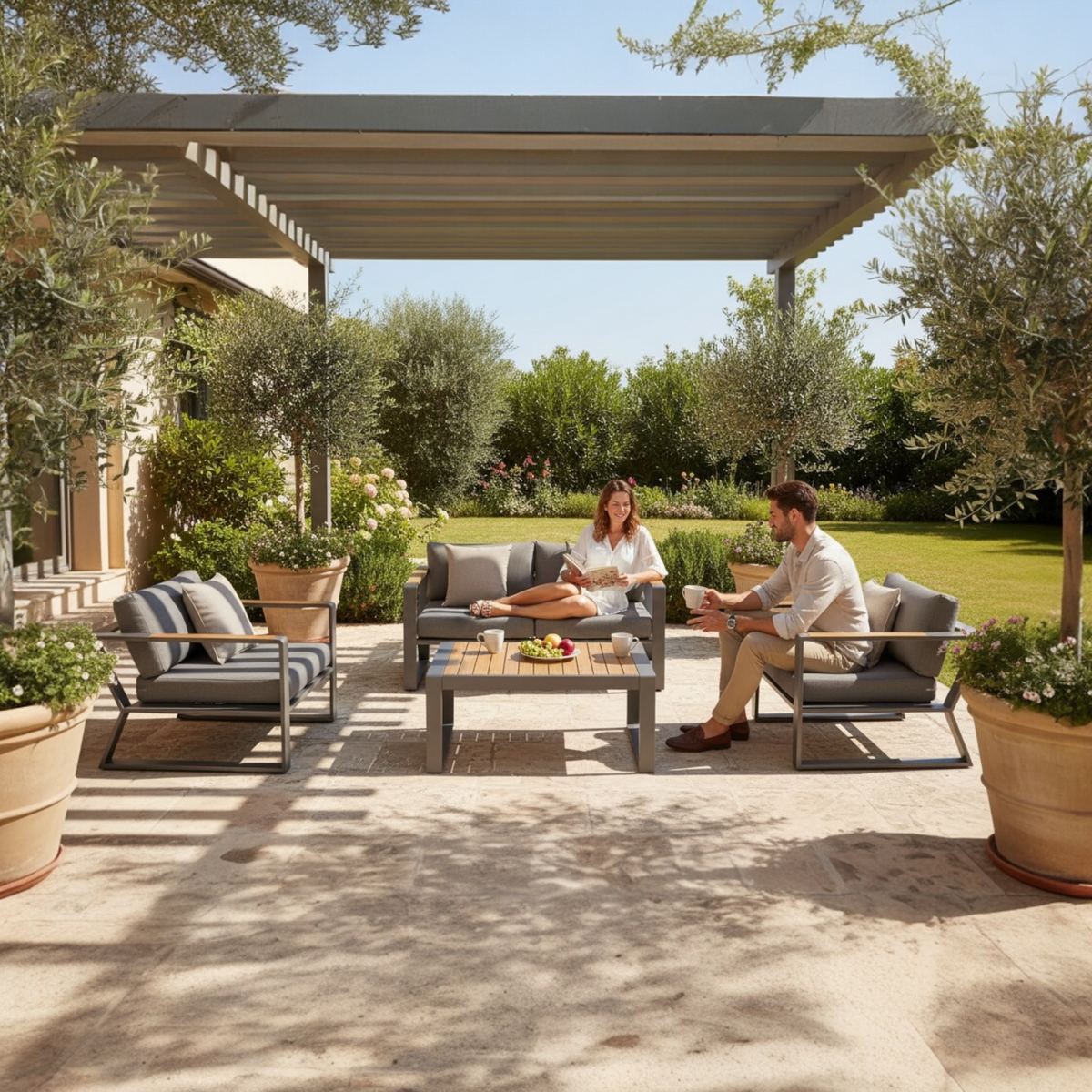 Exy Mini anthracite aluminum and teak loveseat set with slatted teak armrests – shown outdoors