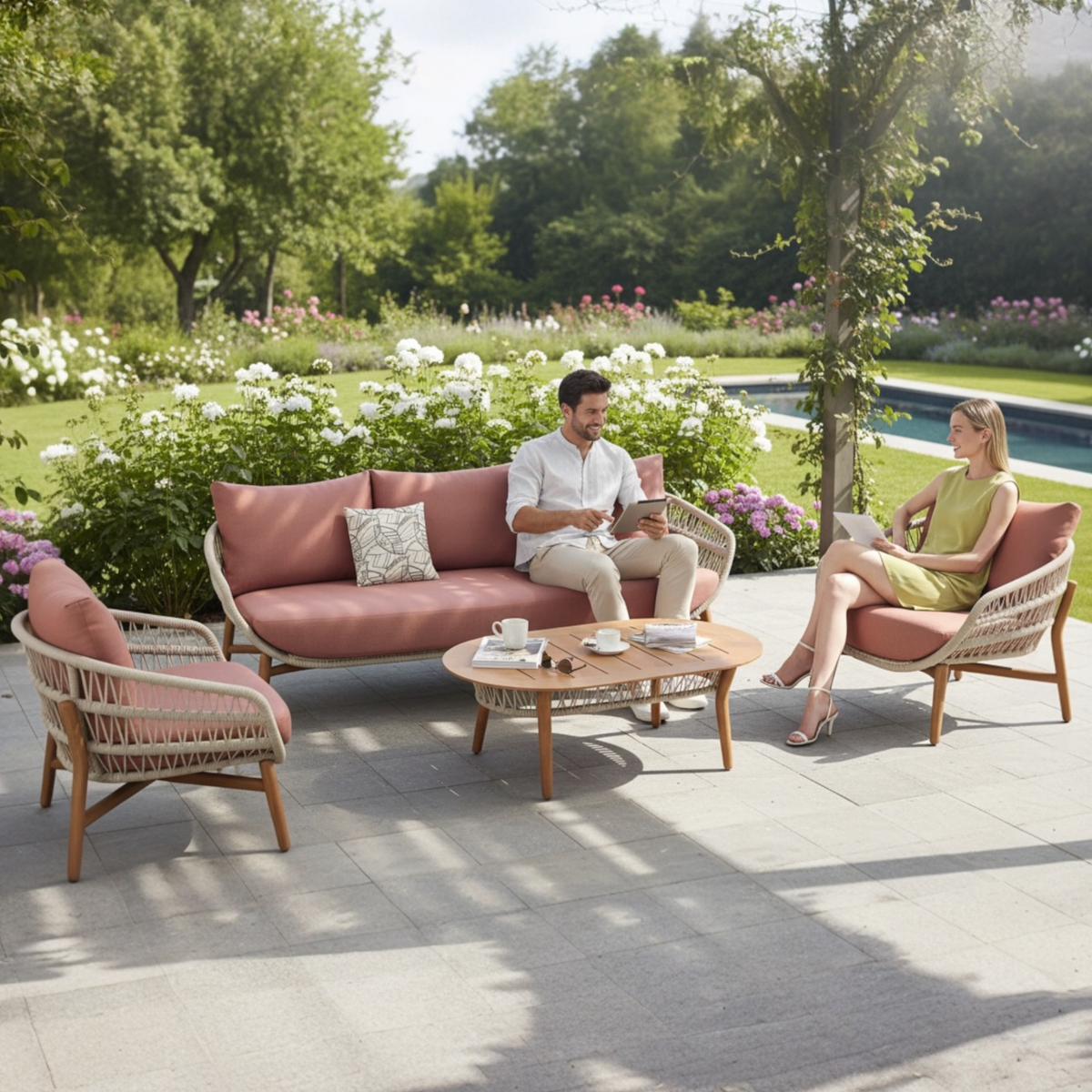 Rose teak and rope patio set with powder pink cushions – shown outdoors