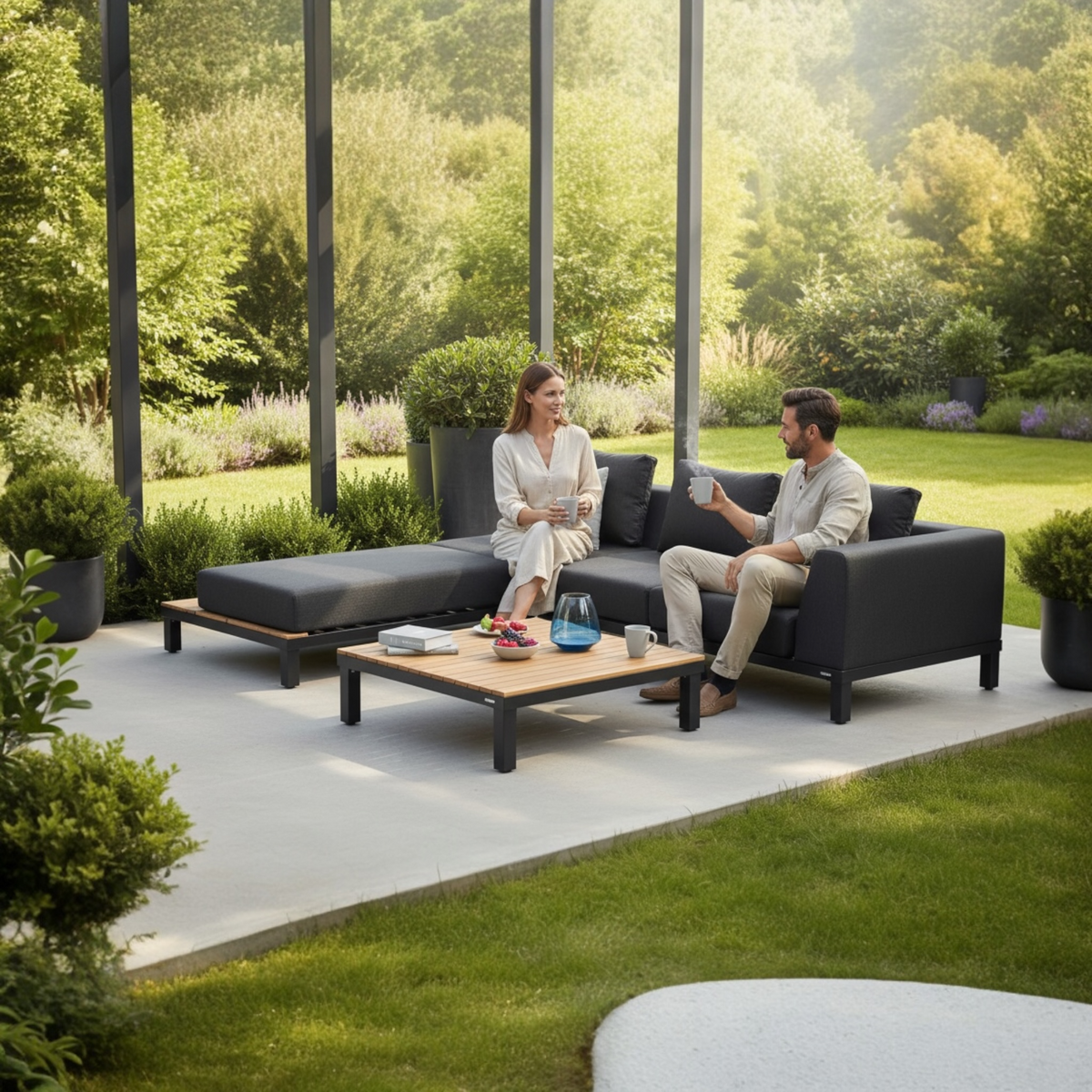 July aluminum and teak lounge set with chaise and teak coffee table – shown outdoors (2)