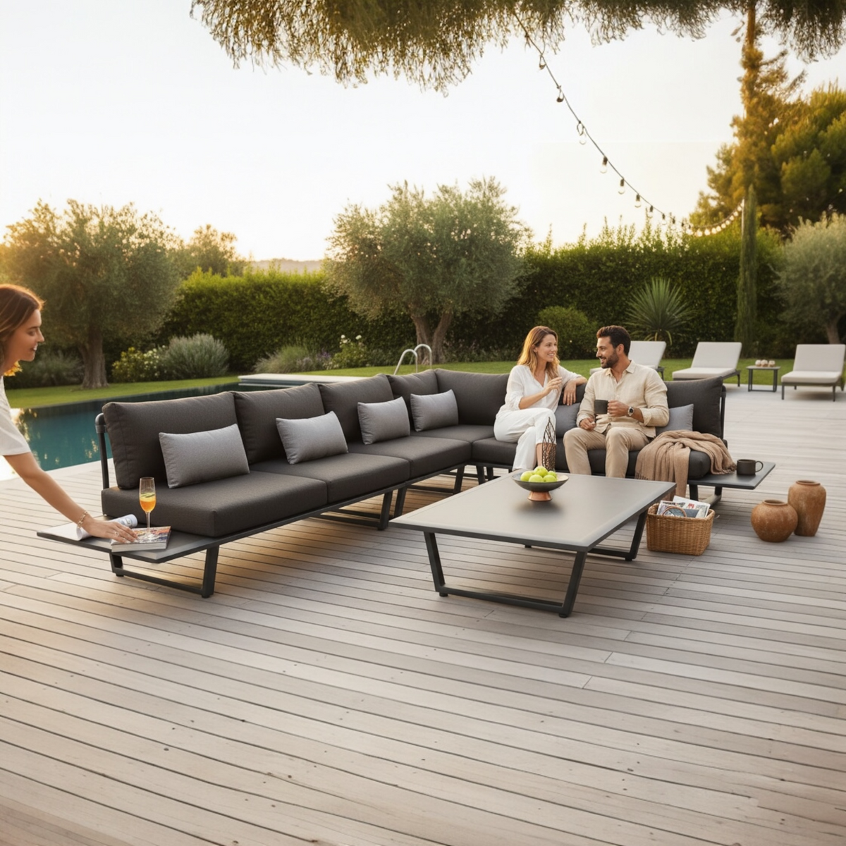 Sophia gray aluminum and rope corner sofa set with marble-effect details – shown outdoors (2)