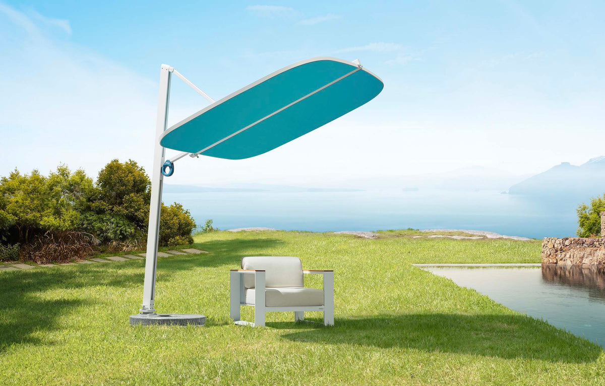 Alice blue aluminum offset umbrella with acrylic canopy – shown outdoors