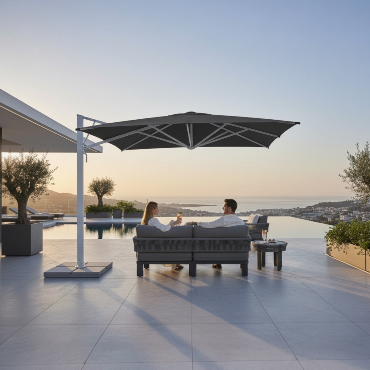 Sofy white aluminum 3 x 3 m offset umbrella with gray canopy – shown outdoors (3)