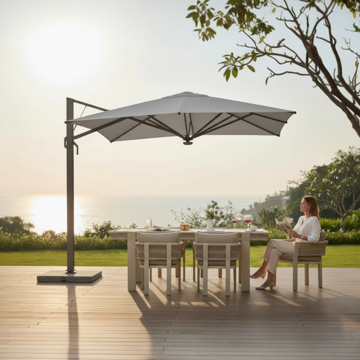 Sofy gray aluminum 3 x 3 m offset umbrella with white canopy – shown outdoors
