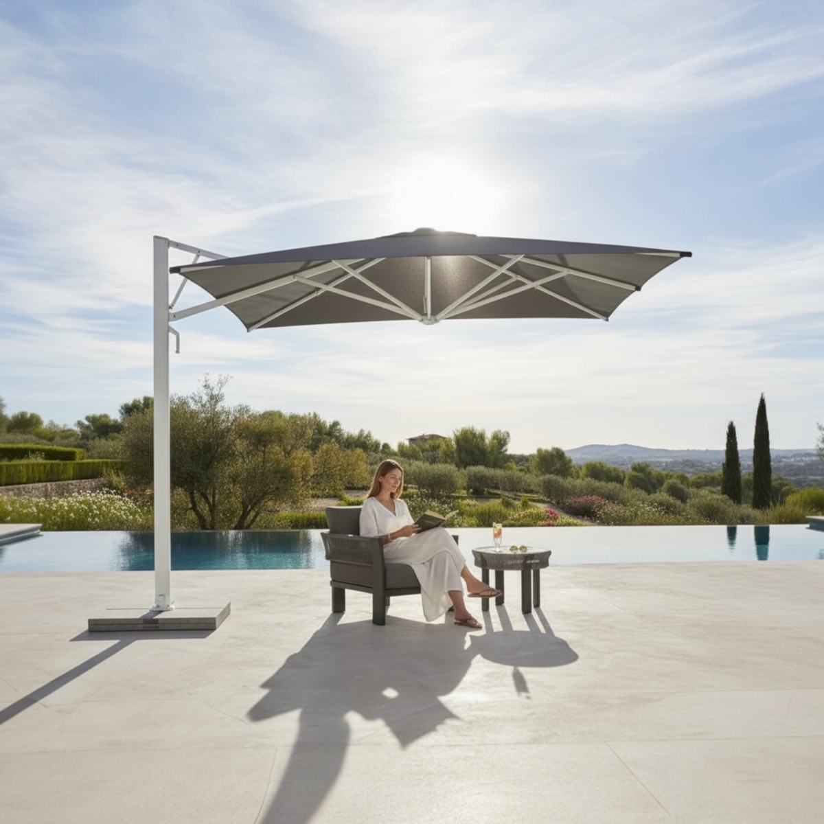 Sofy white aluminum 3 x 3 m offset umbrella with gray canopy – shown outdoors (2)