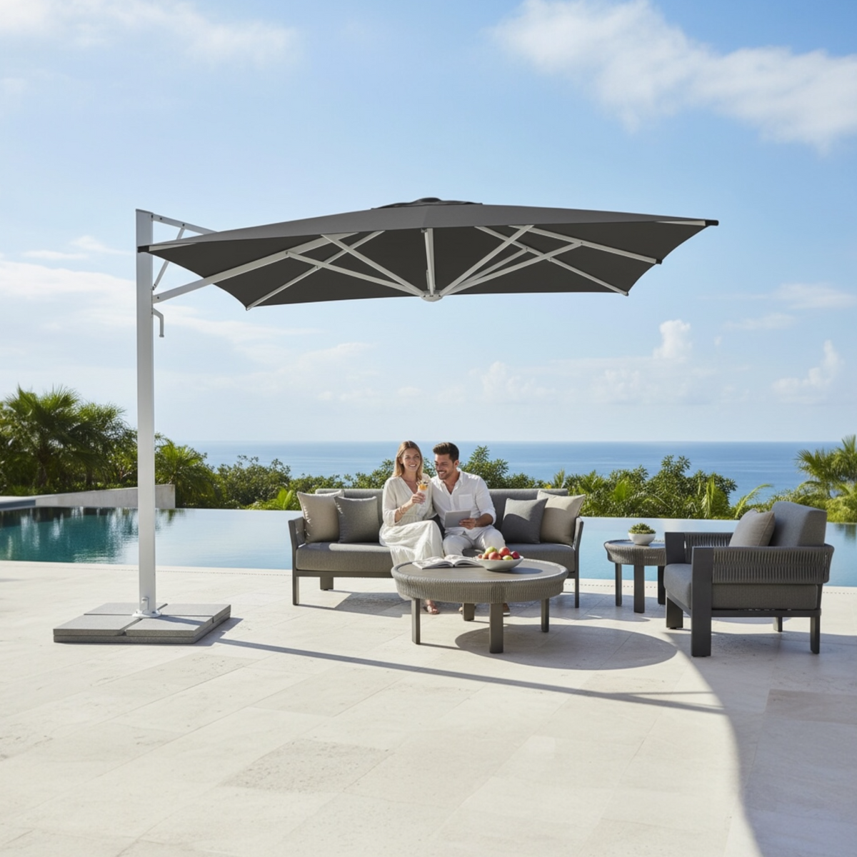 Sofy white aluminum 3 x 3 m offset umbrella with gray canopy – shown outdoors