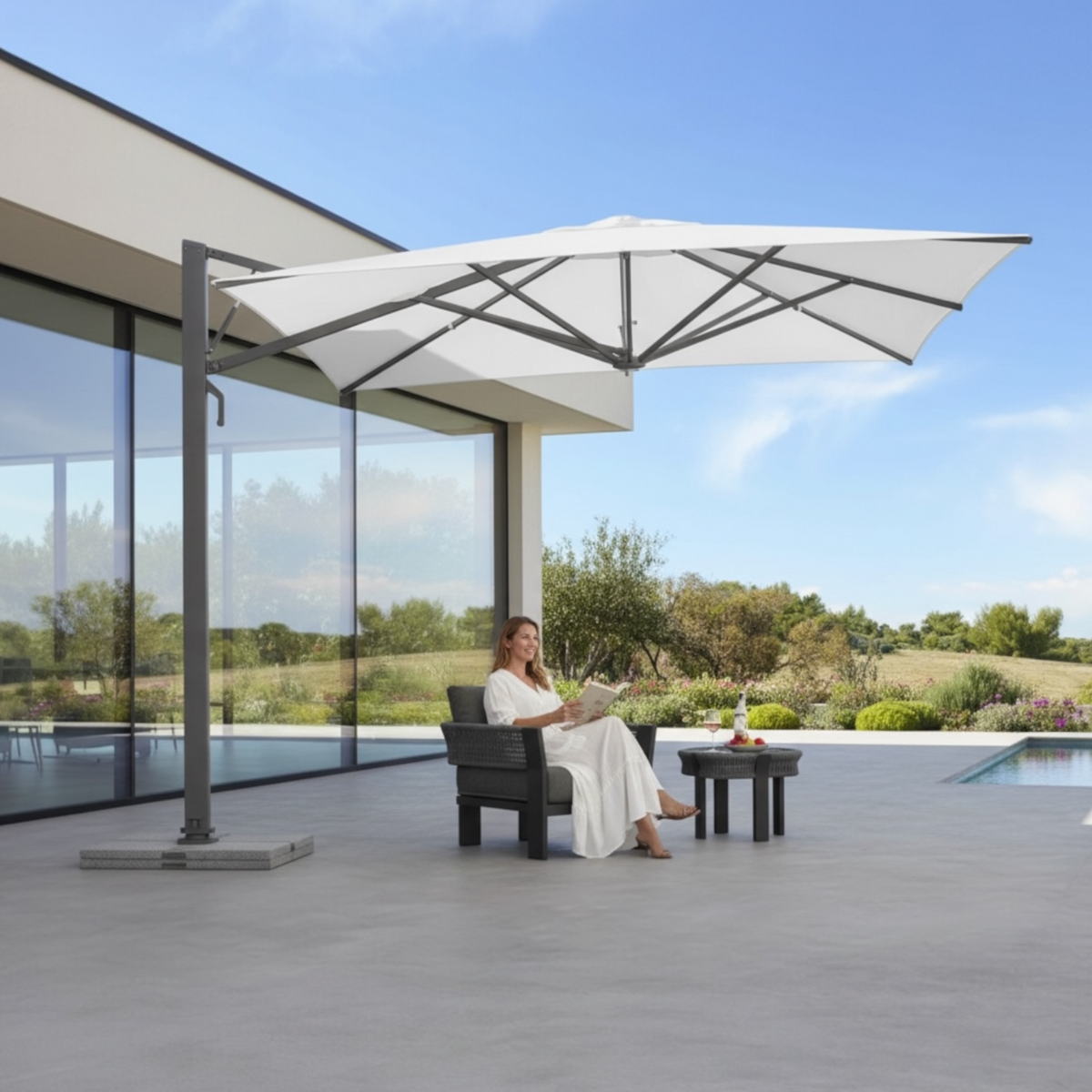 Sofy gray aluminum 3 x 3 m offset umbrella with white canopy – shown outdoors (2)
