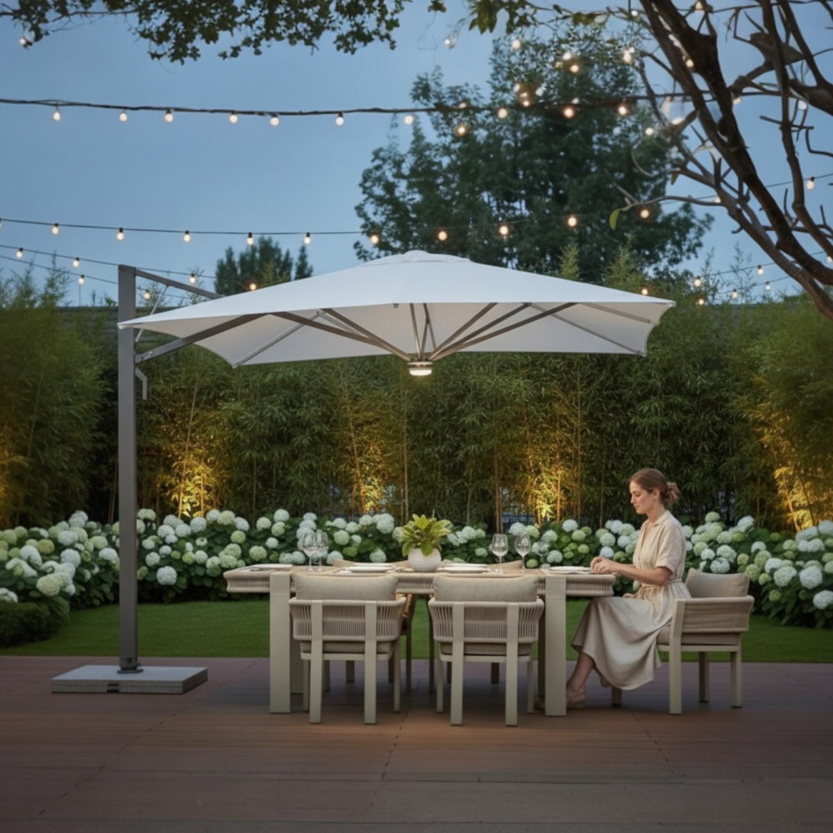 Sofy gray aluminum 3 x 3 m offset umbrella with white canopy – shown outdoors (3)