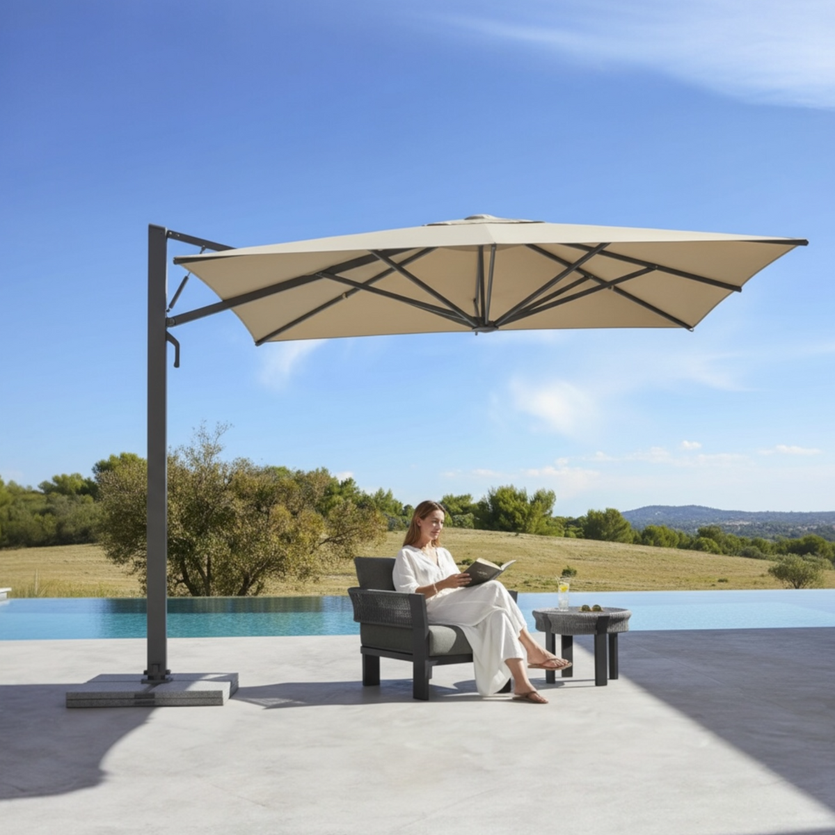 Sofy gray aluminum 3 x 3 m offset umbrella with beige canopy – shown outdoors