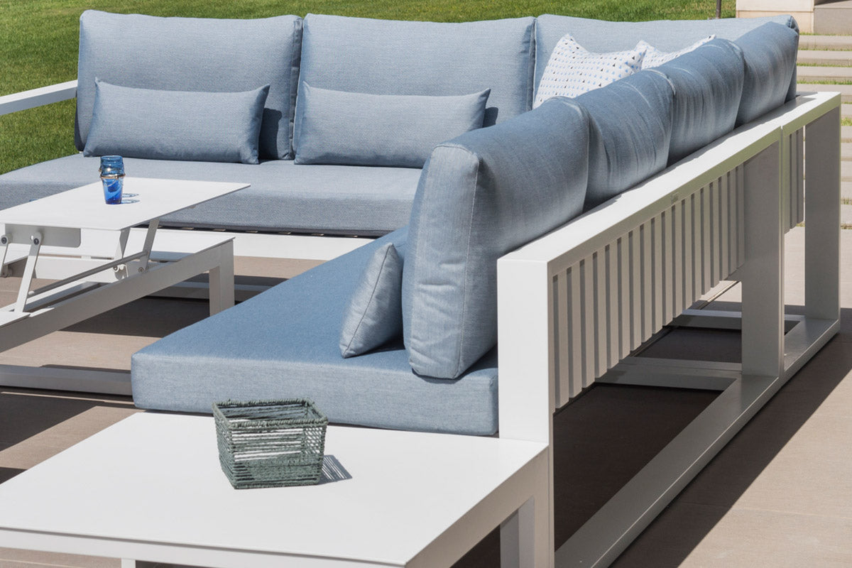 Como aluminum corner lounge set with gray cushions and lift-top coffee table – shown outdoors (6)