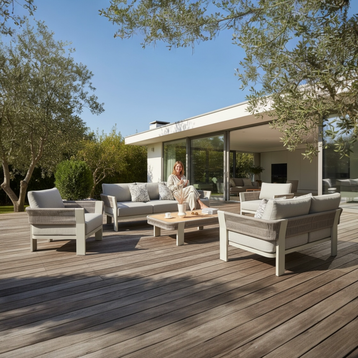 Olby XL 7-seat rope patio sofa set with teak coffee table – shown outdoors (2)