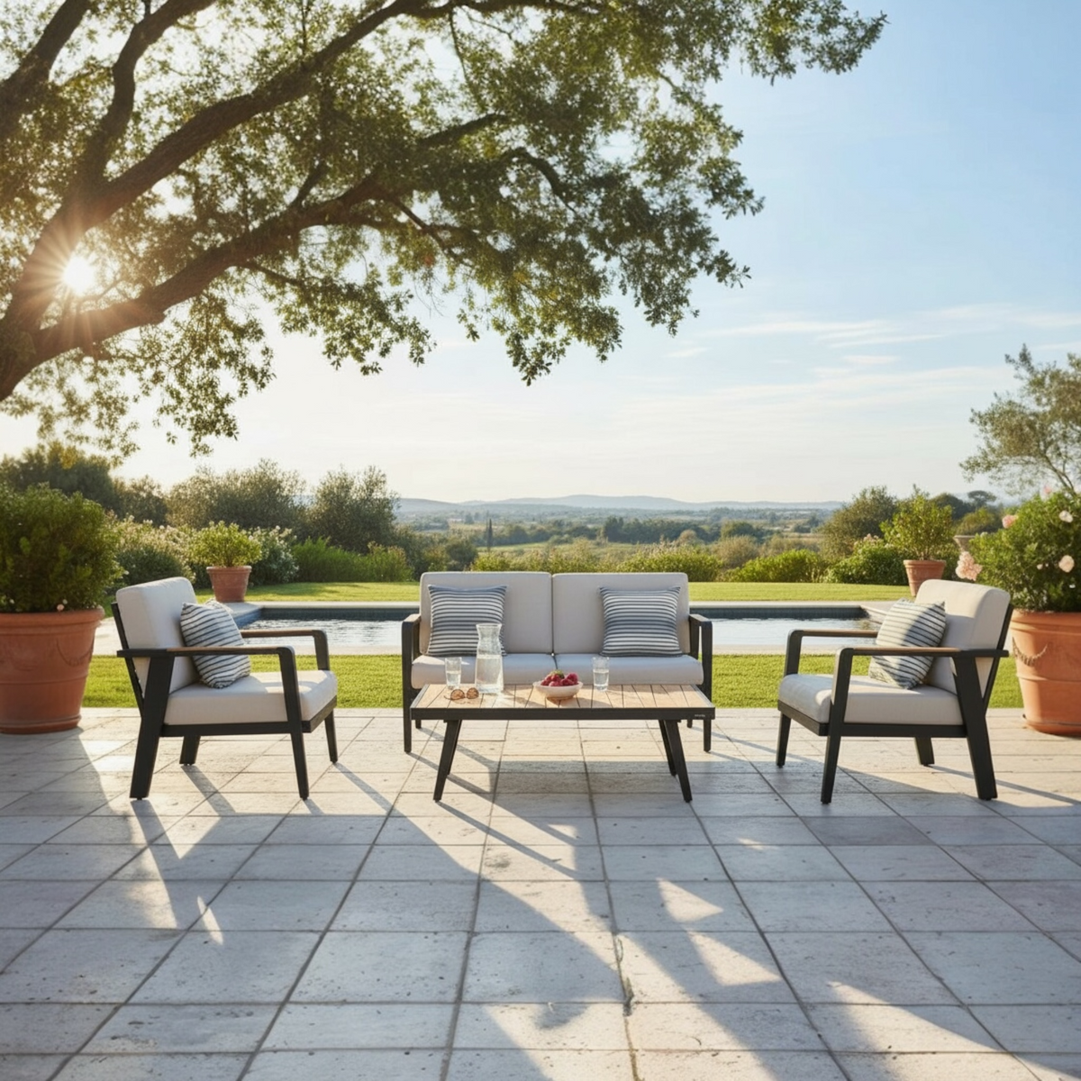 Lovy Mini aluminum and teak 4-seat patio set – shown outdoors