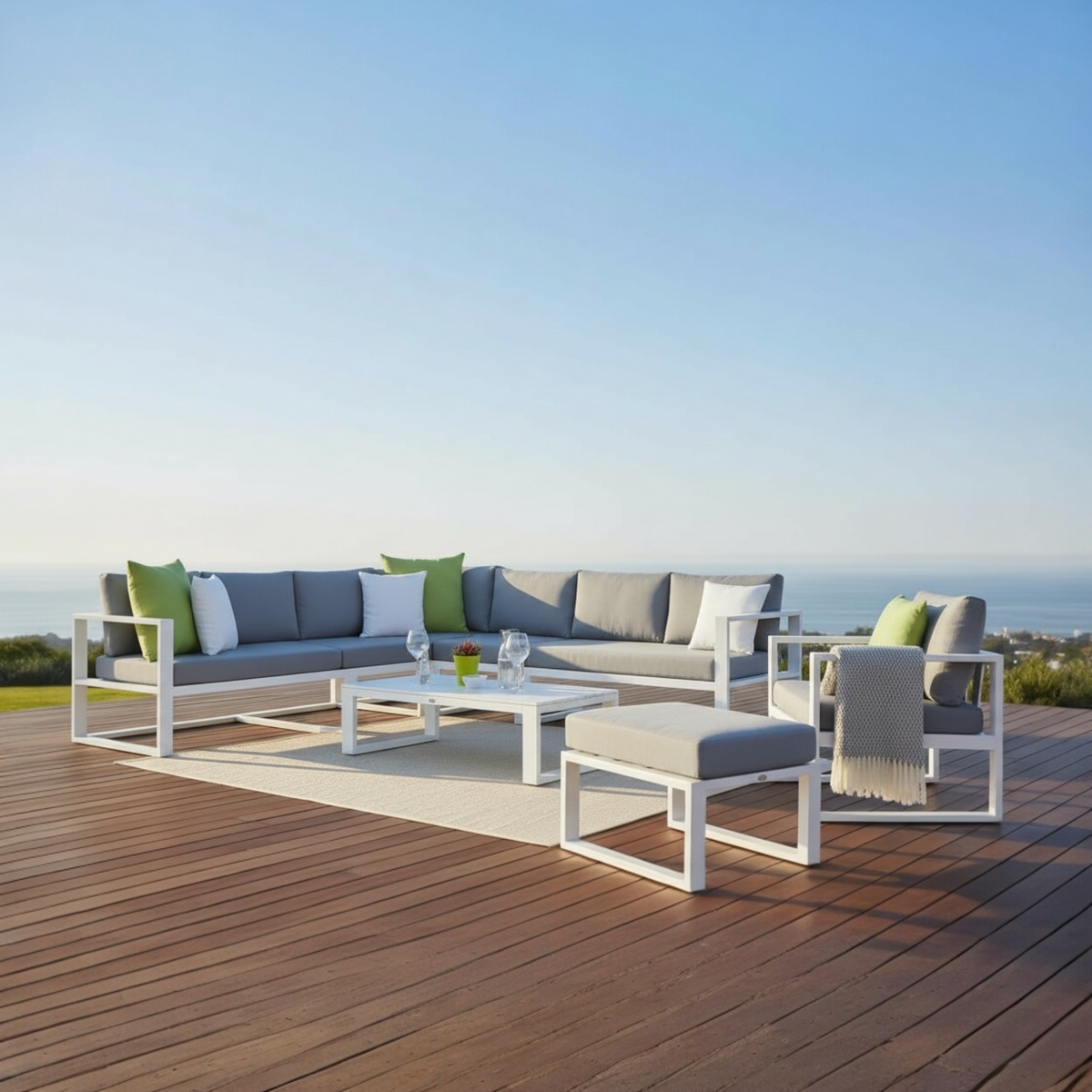 Belly Cool 8-seat aluminum outdoor sectional with pouf and coffee table – shown outdoors (2)