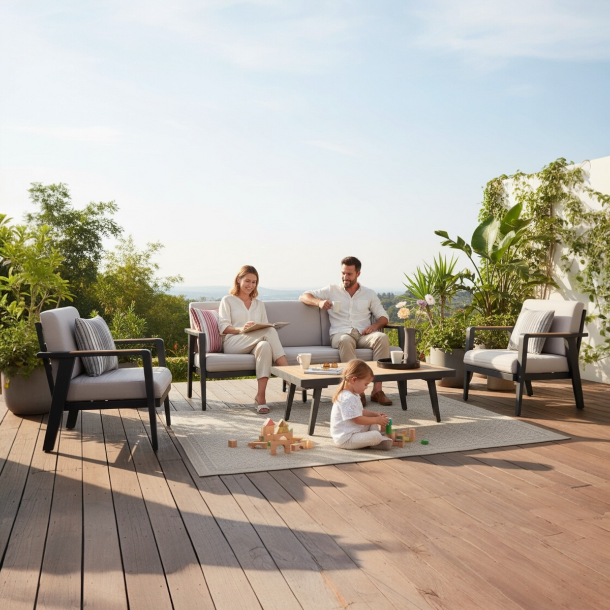 Lovy black aluminum patio set with teak-top coffee table – shown outdoors