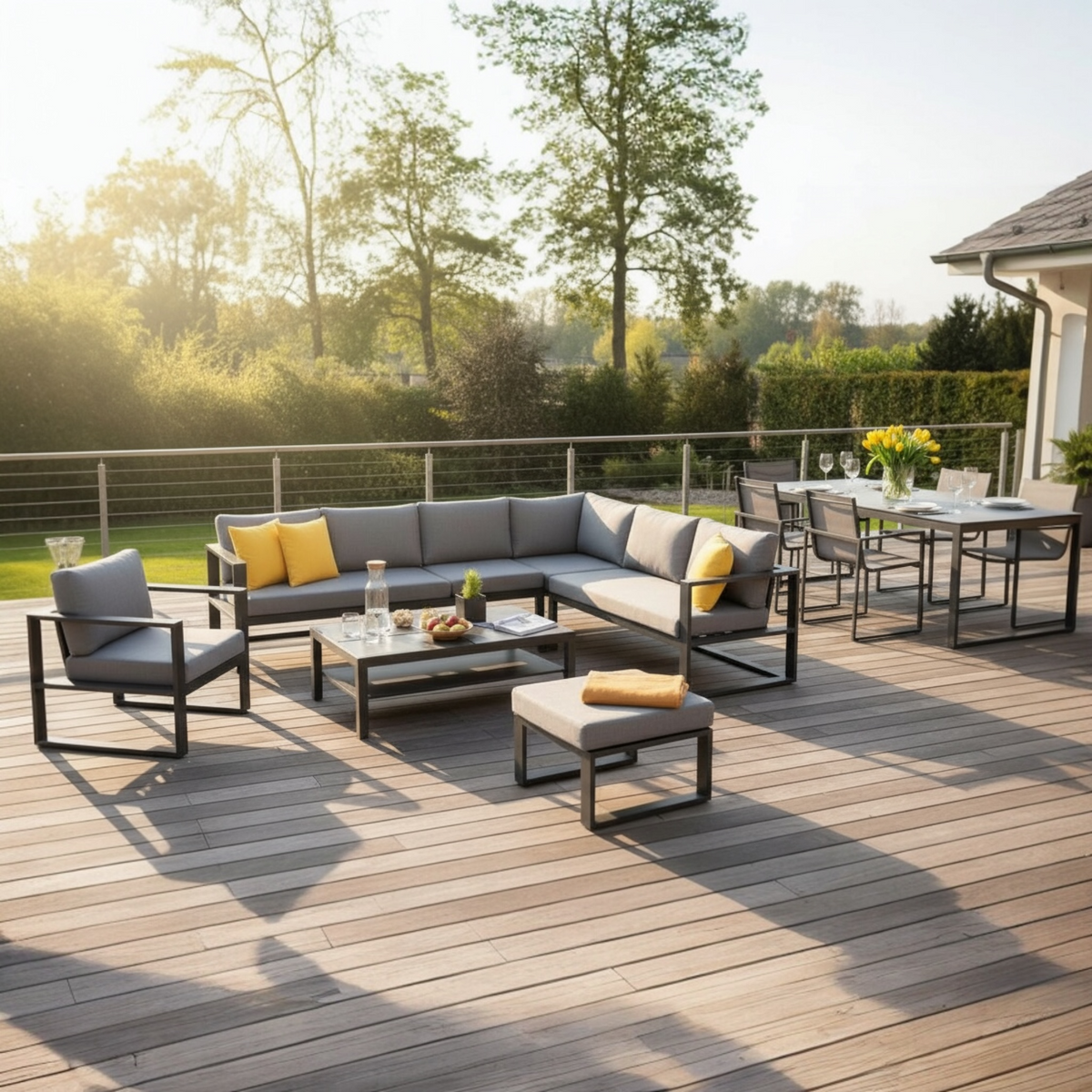 Belly Cool black aluminum outdoor sectional with lift-top coffee table – shown outdoors