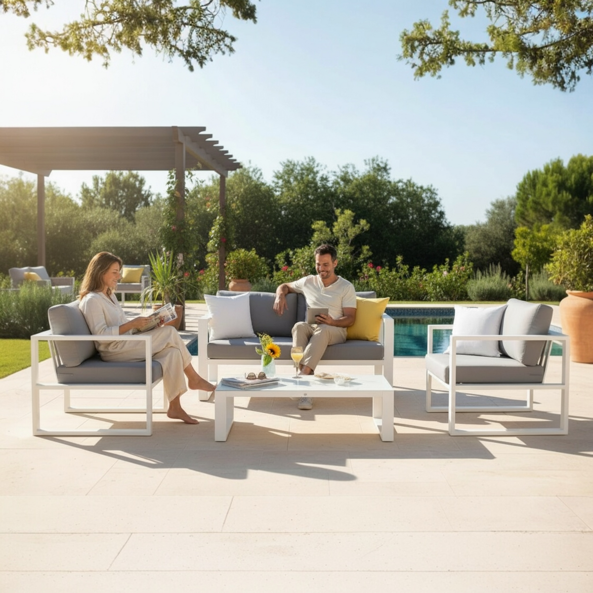 Jelly Mini small aluminum patio set with loveseat, two armchairs and ceramic table – shown outdoors