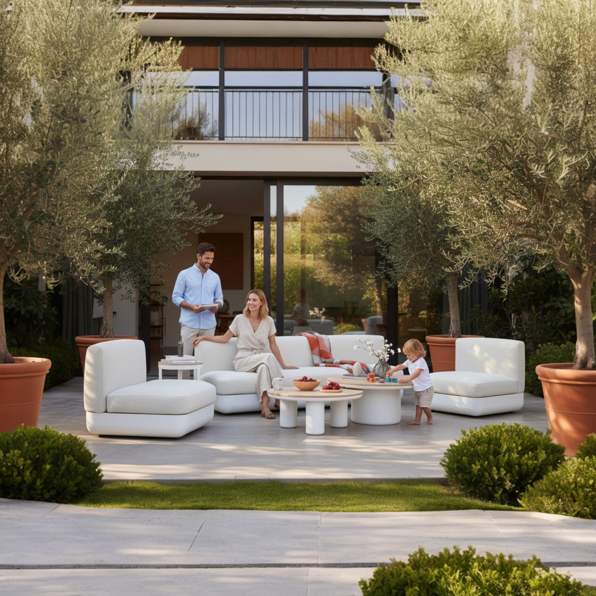 Mae curved beige aluminum patio set with teak-top coffee table – shown outdoors