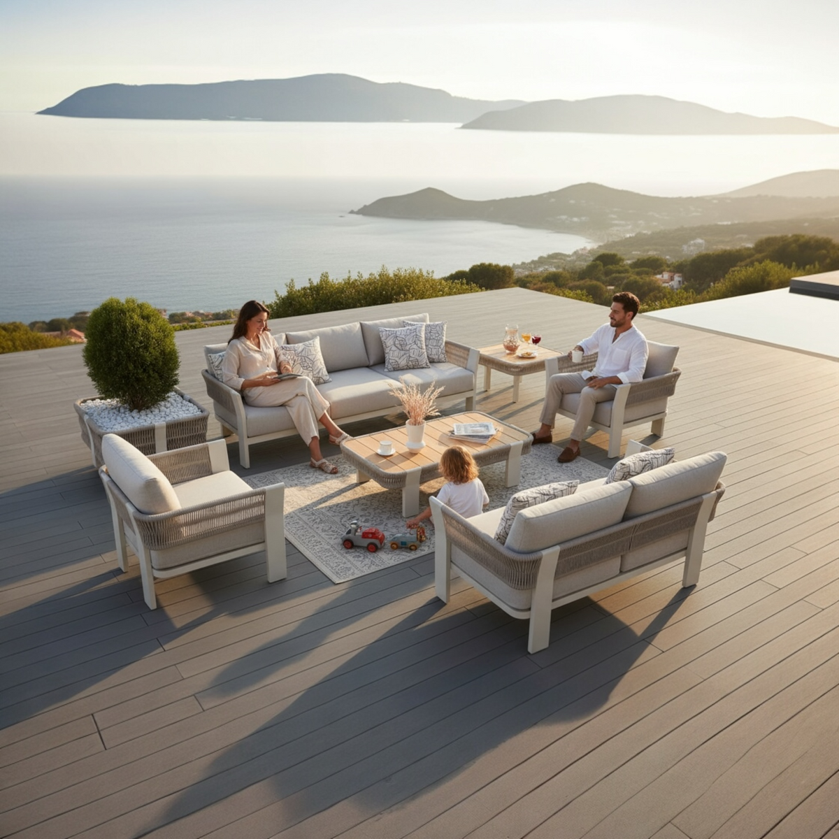 Olby XL 7-seat rope patio sofa set with teak coffee table – shown outdoors