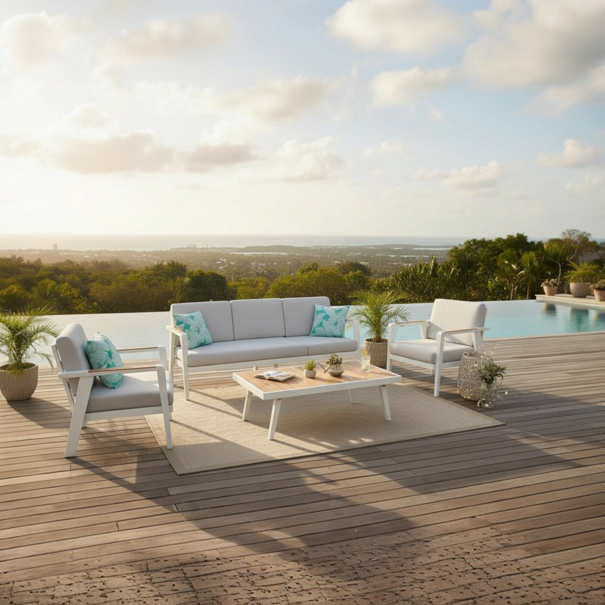 Lovy white aluminum and teak 5-seat patio set with light cushions – shown outdoors (2)