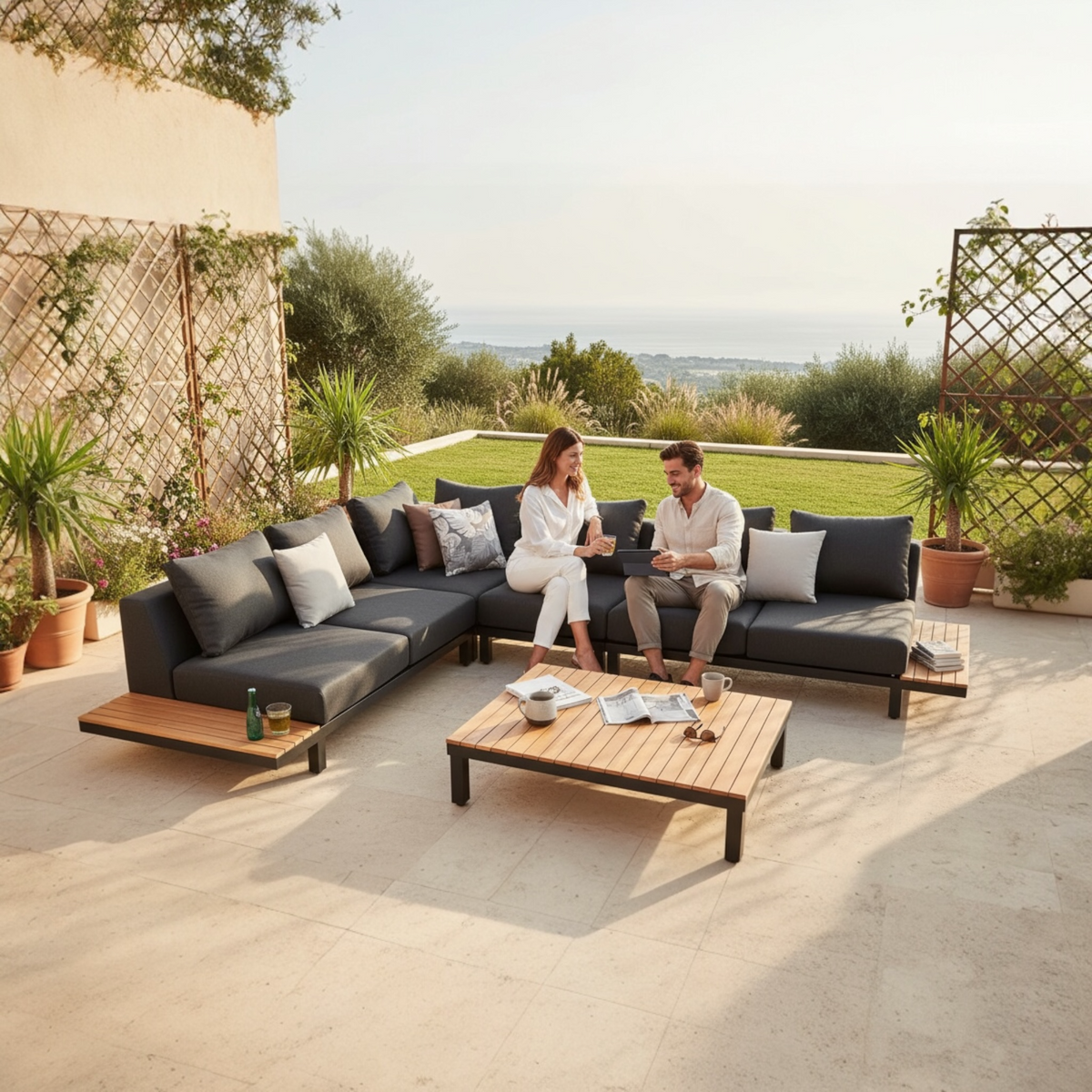Orsy matte black aluminum and teak corner sofa set with low teak coffee table – shown outdoors (2)