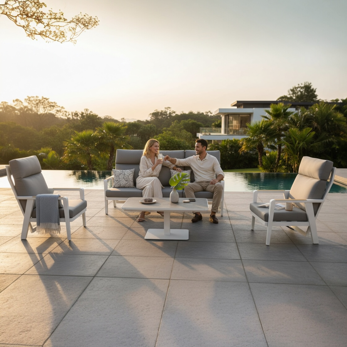Marius white aluminum patio set with reclining armchairs and lift-top table – shown outdoors (2)
