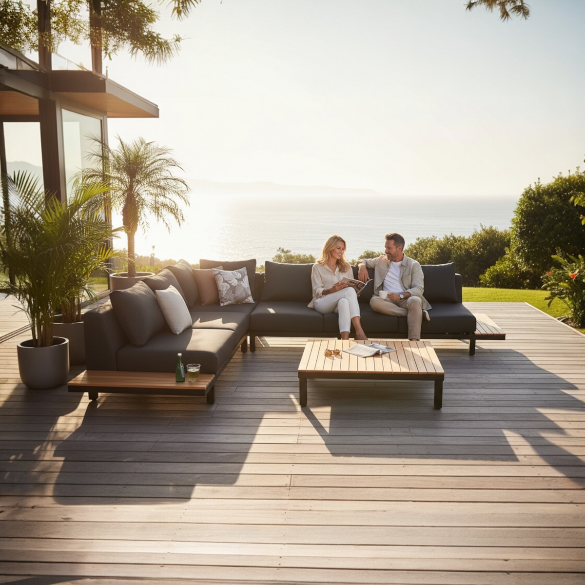 Orsy matte black aluminum and teak corner sofa set with low teak coffee table – shown outdoors
