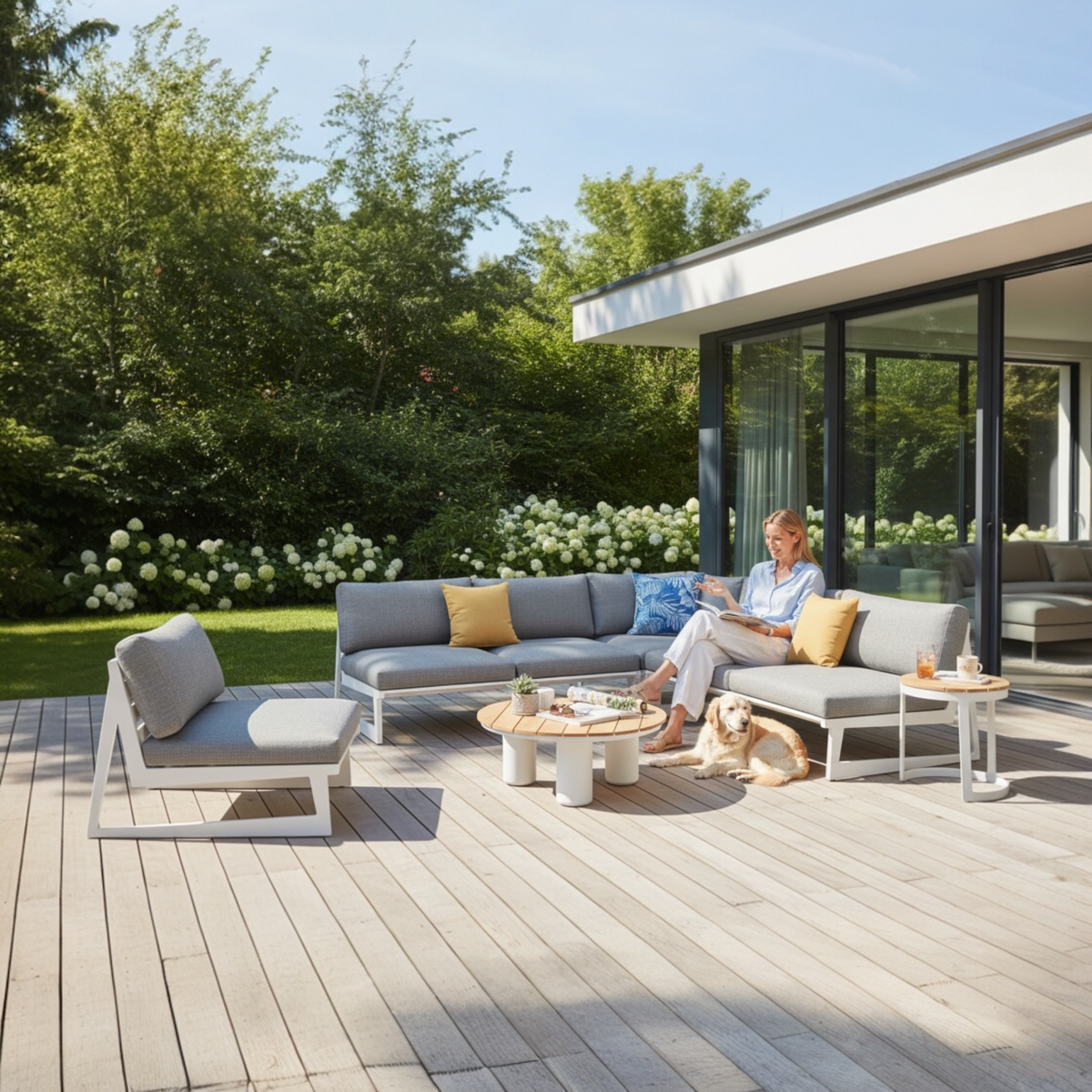 Leo 7-seat white aluminum L-shaped outdoor sectional with gray cushions – shown outdoors (2)