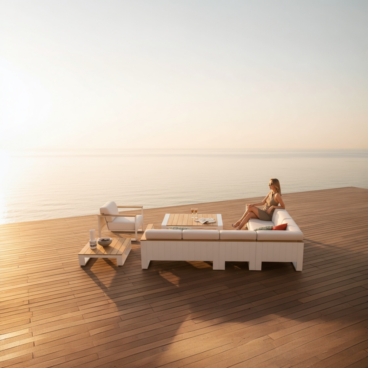 Sofy white aluminum and teak modular outdoor sectional – shown outdoors