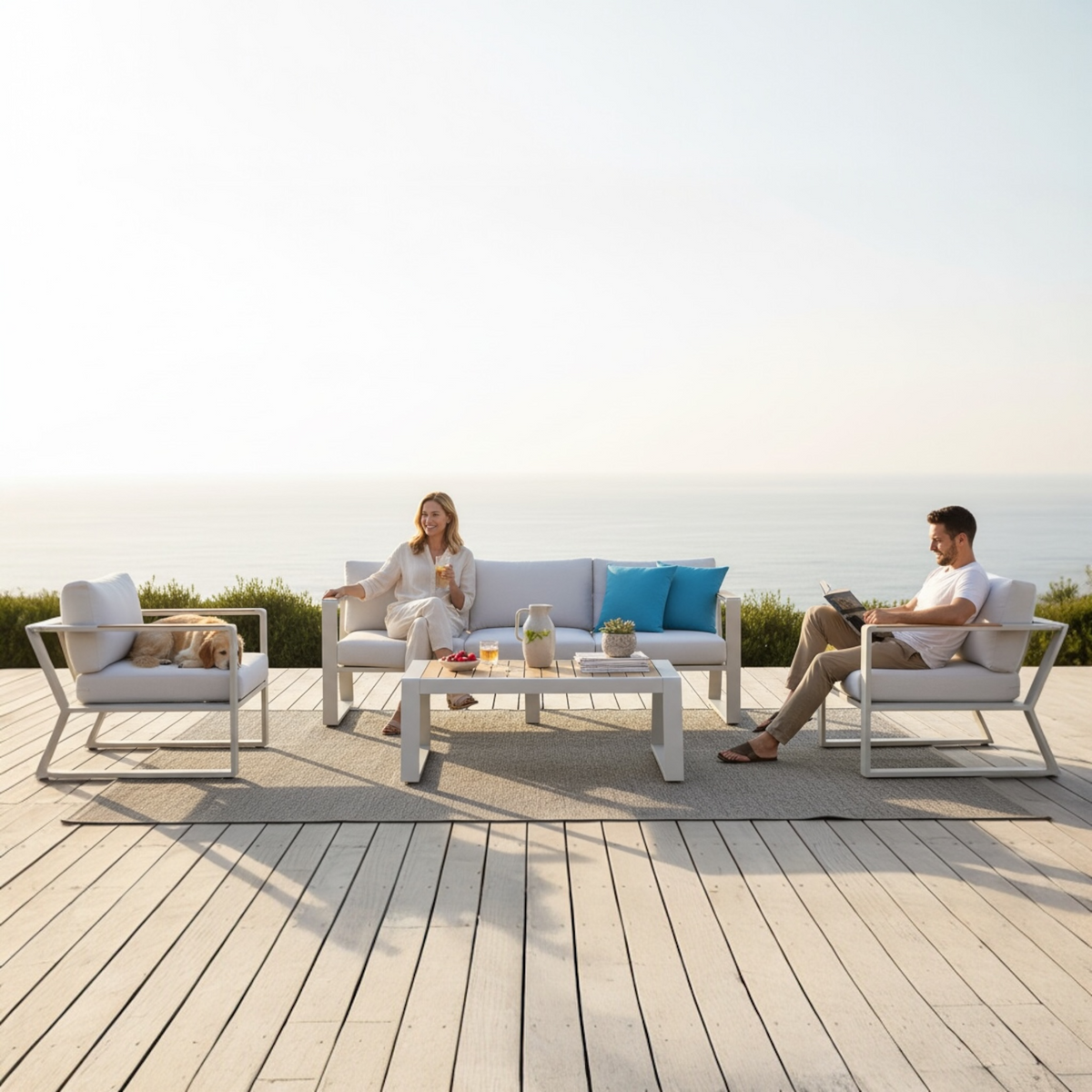 Exy beige aluminum and teak patio set with ecru check cushions – shown outdoors
