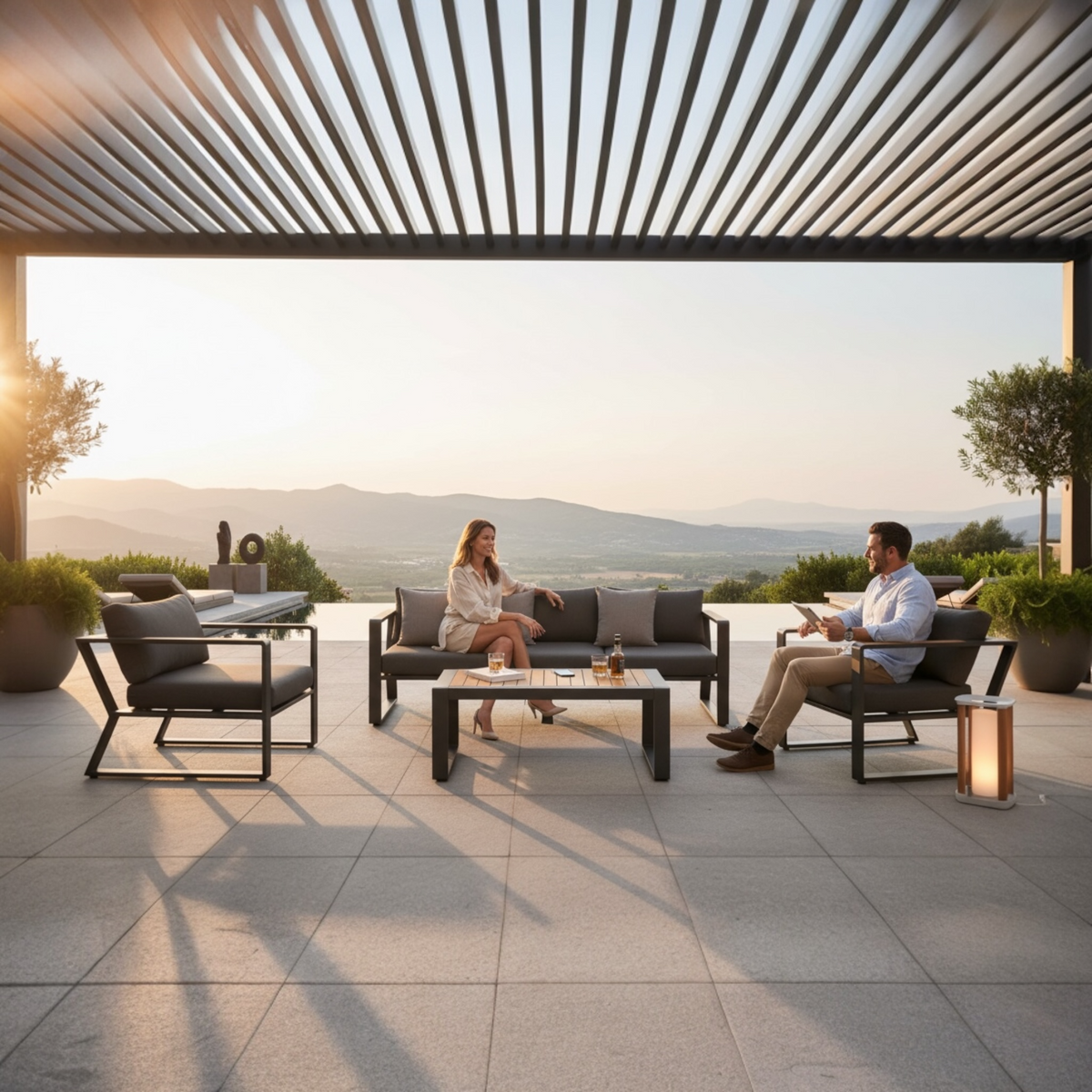 Exy anthracite aluminum and teak 5-seat patio set with teak coffee table – shown outdoors